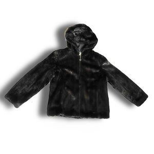 VINTAGE Lg Charles Klein Black Faux Fur Zip up Jacket w/Hood